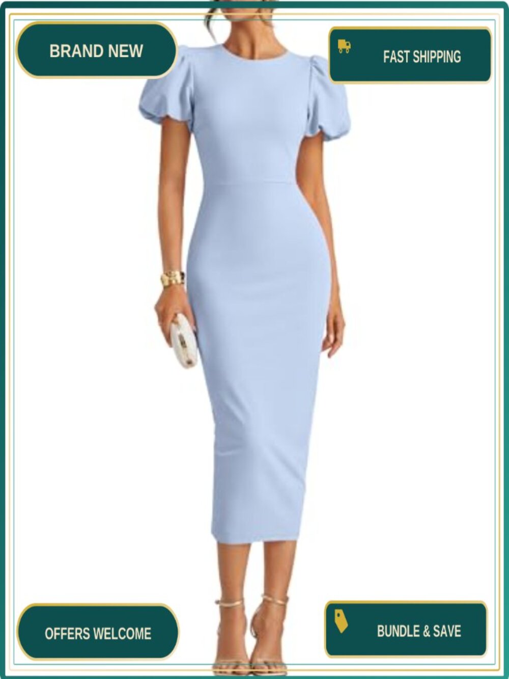 Womens Midi Bodycon Dress Short Sleeve Back Zipper Cocktail Party Formal